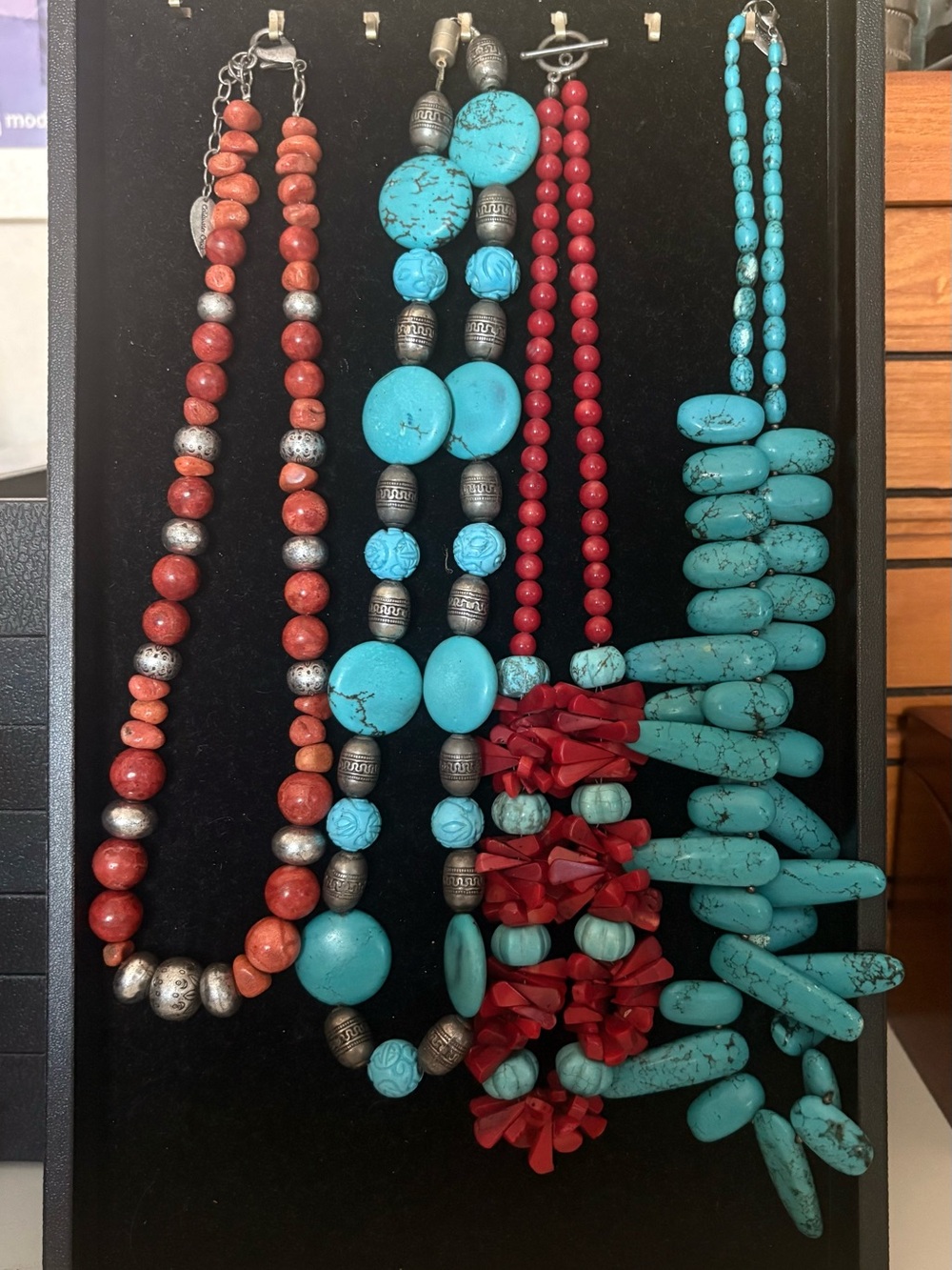 Lot of 4 Turquoise and Red Beaded Statement Necklaces